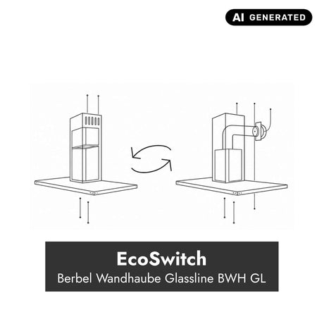 Technische Darstellung der EcoSwitch-Funktion bei der Berbel Wandhaube Glassline BWH GL für den Wechsel zwischen Abluft- und Umluftbetrieb.