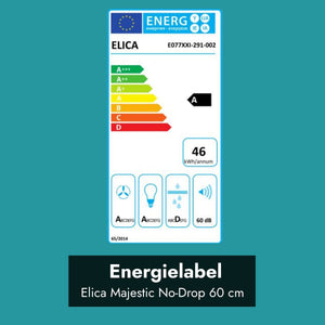 Energielabel der Elica Majestic No Drip 60 cm mit Energieeffizienzklasse A, 46 kWh Jahresverbrauch und 60 dB Geräuschpegel