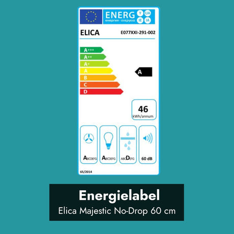 Energielabel der Elica Majestic No Drip 60 cm mit Energieeffizienzklasse A, 46 kWh Jahresverbrauch und 60 dB Geräuschpegel