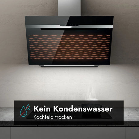 Elica Majestic No Drip Wandhaube mit No-Drip-Technologie über dem Kochfeld zur Reduzierung von Kondenswasser und Feuchtigkeit.