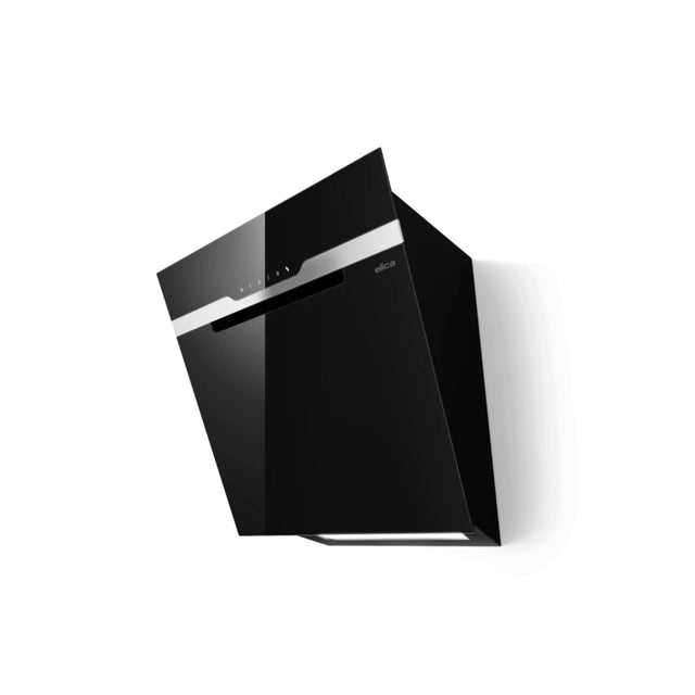 Schwarze Elica Majestic No Drip Wandhaube mit Glasfront und Edelstahlblende in schräger Bauform