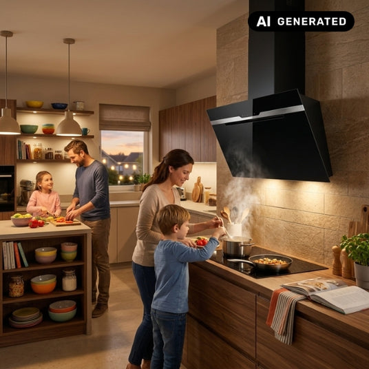 Schwarze Elica Majestic No Drip Wandhaube über dem Kochfeld in einer modernen Küche beim gemeinsamen Kochen mit der Familie.