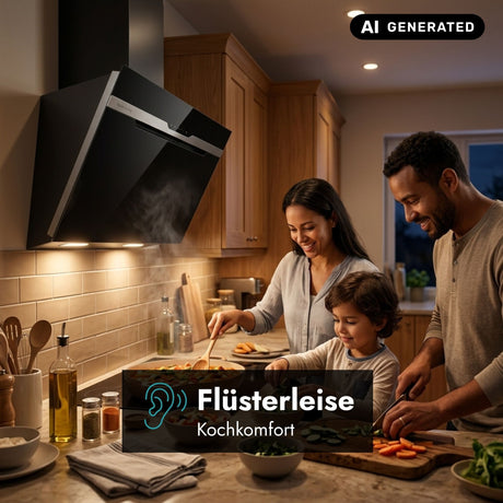 Elica Majestic No Drip Wandhaube in Schwarz beim gemeinsamen Kochen mit der Familie mit Hinweis auf flüsterleisen Kochkomfort