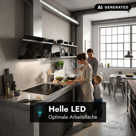 Elica Majestic No Drip Wandhaube in Schwarz mit heller LED-Beleuchtung über dem Kochfeld in einer modernen Familienküche.