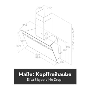 Technische Maßzeichnung der Elica Majestic No Drip Kopffreihaube mit Breiten 60 und 90 cm sowie Höhen- und Tiefenmaßen.
