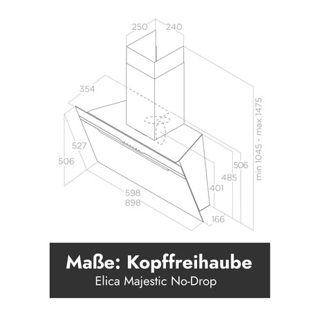 Technische Maßzeichnung der Elica Majestic No Drip Kopffreihaube mit Breiten 60 und 90 cm sowie Höhen- und Tiefenmaßen.