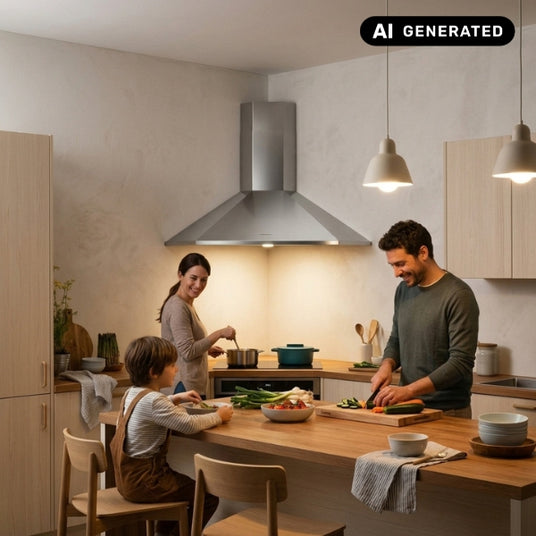 Die Edelstahl-Eckhaube Falmec Elios ist prominent in einer Ecke über einem Kochfeld installiert, während eine Familie in einer modernen Küche mit Holzfronten und einer Kochinsel gemeinsam Mahlzeiten zubereitet und isst.