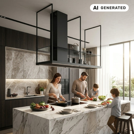 Die schwarze Falmec Europa 175 Black Design-Inselhaube mit integriertem Regal hängt über einer luxuriösen Kochinsel mit Marmoroptik, an der eine Familie in einer modernen, stilvollen Küche gemeinsam kocht.