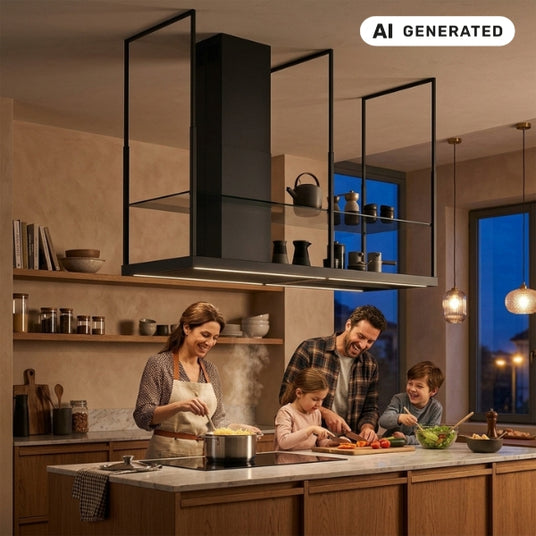Die schwarze Falmec Europa 175 Black Design-Inselhaube mit integriertem Regalaufbau ist über einer Kochinsel platziert, während eine Familie in einer warm beleuchteten, modernen Küche gemeinsam kocht.