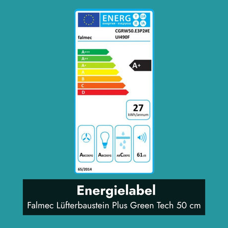 Das offizielle EU-Energielabel für den Falmec Lüfterbaustein Plus Green Tech 50 cm auf türkisem Hintergrund. Das Label zeigt die Energieeffizienzklasse A+, den jährlichen Energieverbrauch von 27 kWh/Jahr sowie Symbole für die Klassen der Lüeffizienz, Beleuchtung, Fettfilterung und den Geräuschpegel von 61 dB. Im unteren Bereich zeigt ein schwarzes Grafik-Overlay den Text "Energielabel" und den Untertitel "Falmec Lüfterbaustein Plus Green Tech 50 cm".