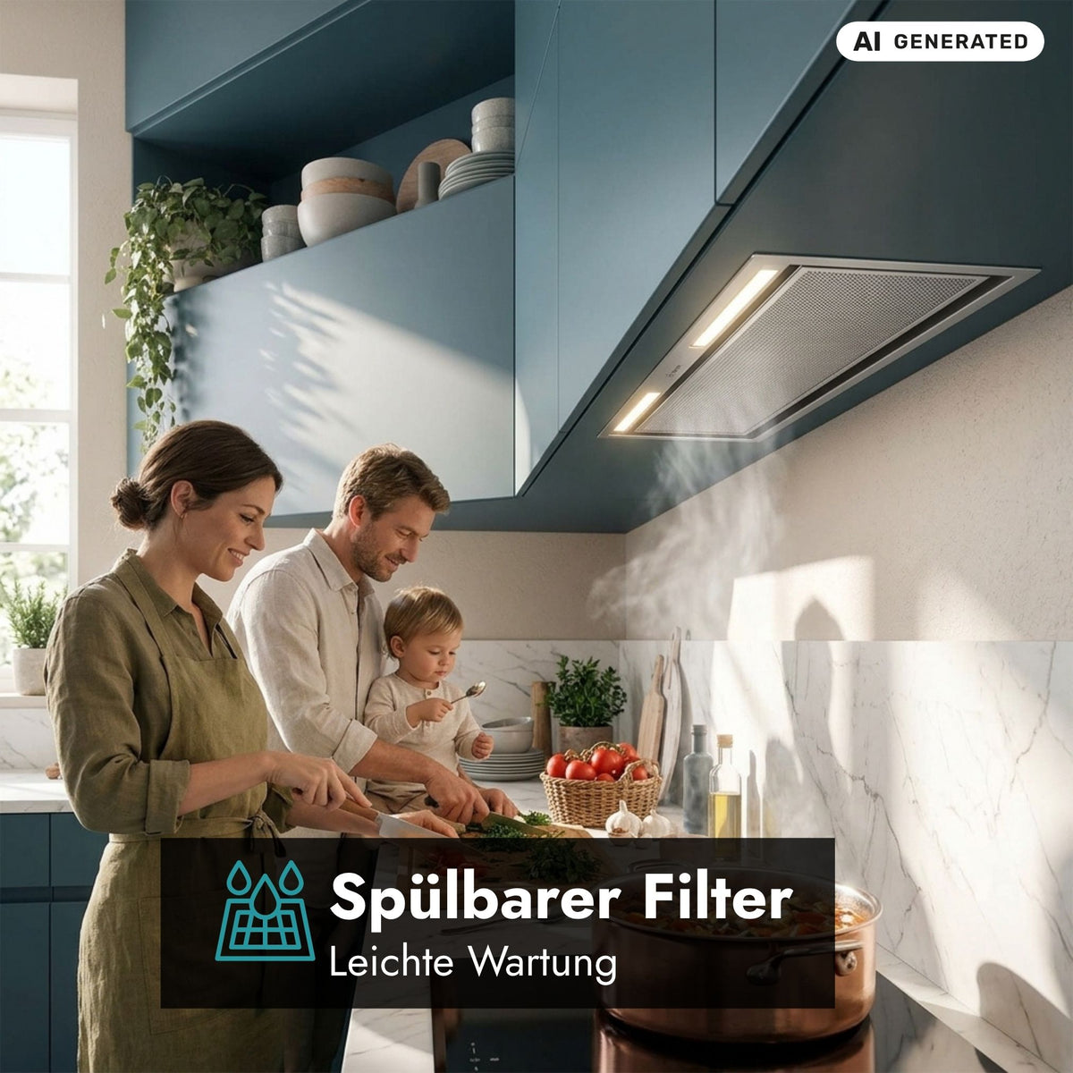 Nahaufnahme des Falmec Lüfterbausteins Plus Green Tech, bündig integriert in dunkelblaue Oberschränke. Die Dunstabzugshaube verfügt über helle LED-Beleuchtung und saugt Dampf über einem Kochfeld ab. Unten links befindet sich ein Grafik-Overlay mit dem Text "Spülbarer Filter" und dem Untertitel "Leichte Wartung" sowie einem hellblauen Symbol eines Filters mit Wasserzeichen. Im Vordergrund bereitet eine Familie gemeinsam Essen zu.