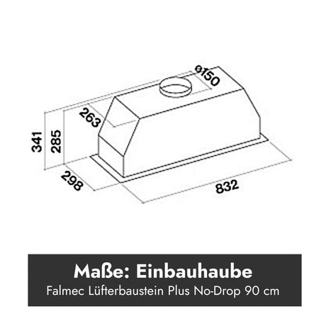 Maßzeichnung des Falmec Lüfterbaustein Plus No-Drop 90 cm mit Gerätebreite 832 mm, Einbaumaßen und Luftausgang Ø 150 mm