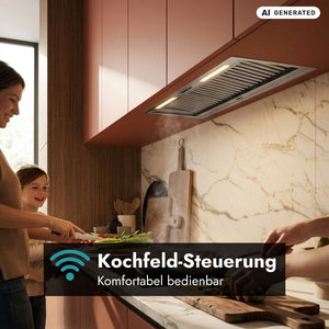 Falmec Lüfterbaustein Plus No-Drop mit komfortabler Kochfeld-Steuerung, integriert über dem Kochfeld in einer modernen Küche