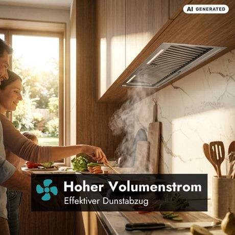 Falmec Lüfterbaustein Plus No-Drop mit hohem Volumenstrom für effektiven Dunstabzug beim Kochen in einer modernen Küche