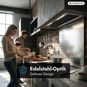 Falmec Lüfterbaustein Plus No-Drop in Edelstahl-Optik, integriert über dem Kochfeld in einer modernen Küche