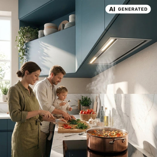 Der moderne Falmec Lüfterbaustein Plus Green Tech ist bündig in die dunkelblauen Oberschränke einer stilvollen Küche integriert und saugt beim Kochen einer Familie den Dampf über dem Kochfeld ab.