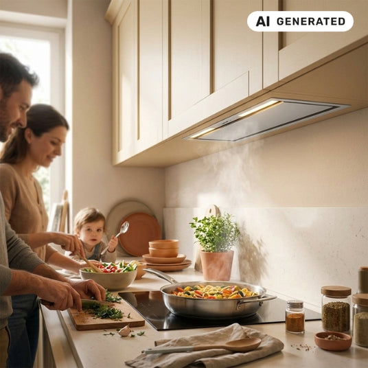 Der energieeffiziente Falmec Lüfterbaustein Plus Green Tech ist unauffällig in beige Küchenschränke integriert und saugt beim Kochen den Dampf zuverlässig ab.