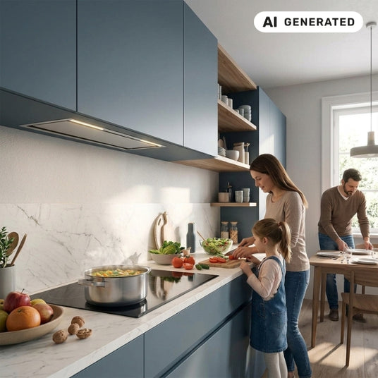 Der energieeffiziente Falmec Lüfterbaustein Plus Green Tech ist bündig in die blauen Oberschränke einer stilvollen Wohnküche integriert, während eine Familie an der Kochzeile kocht.