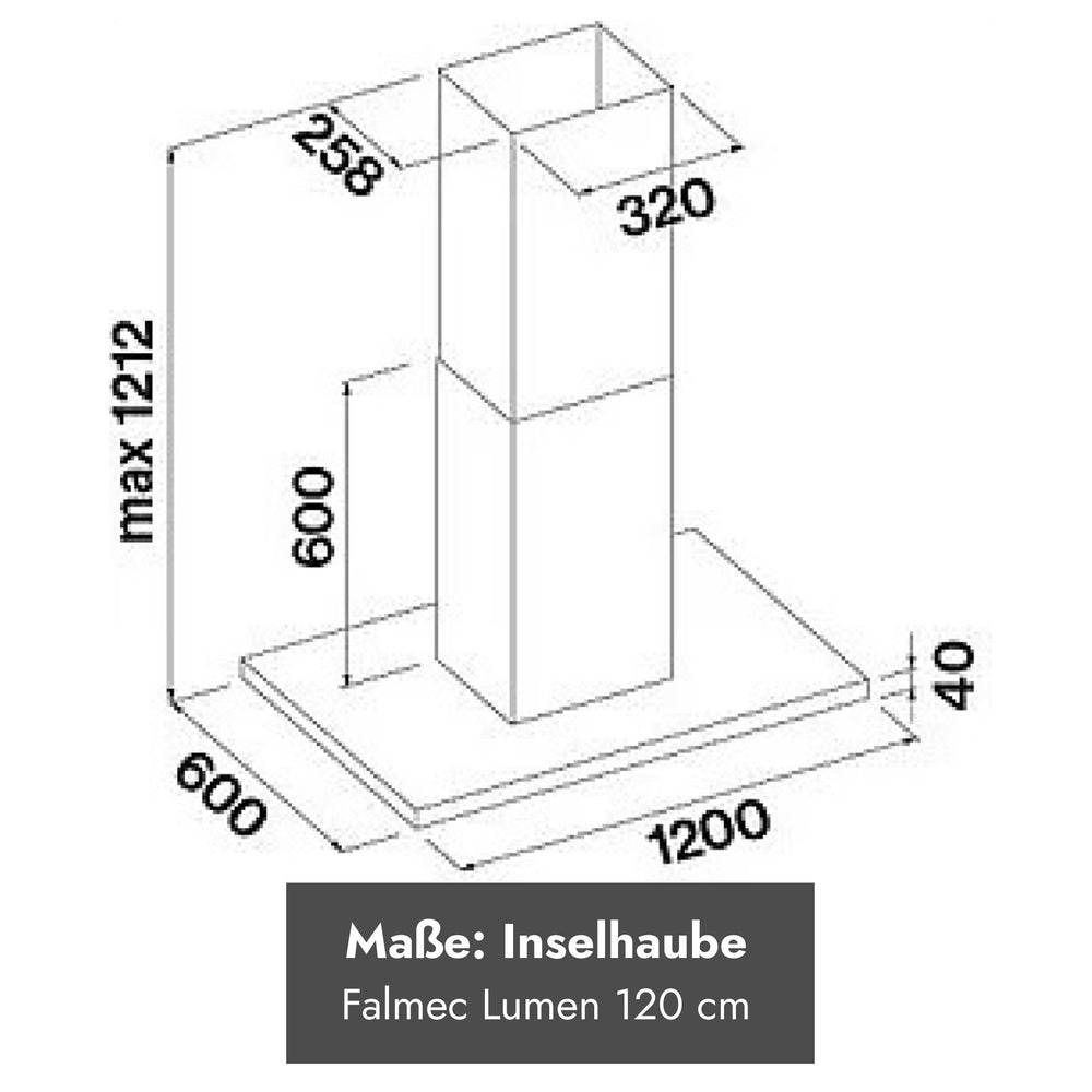 Maßzeichnung der Falmec Lumen Inselhaube 120 cm mit Abmessungen 1200 × 600 mm und höhenverstellbarem Deckenkamin.