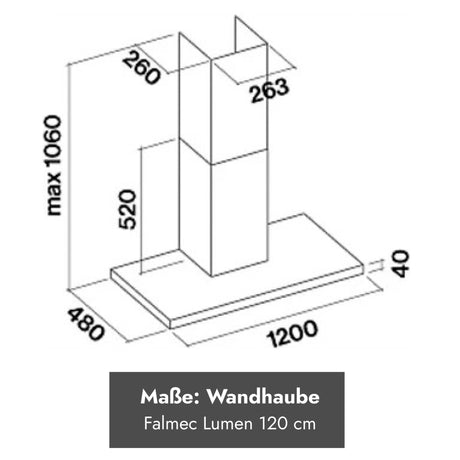 Maßzeichnung der Falmec Lumen Wandhaube 120 cm mit Abmessungen 1200 × 480 mm und höhenverstellbarem Kamin.