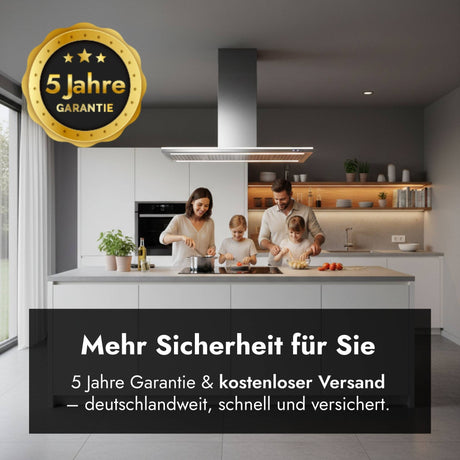 Falmec Lumen Dunstabzugshaube in moderner Küche mit Hinweis auf 5 Jahre Garantie und kostenlosen deutschlandweiten Versand.