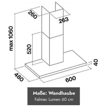 Maßzeichnung der Falmec Lumen Wandhaube 60 cm mit Abmessungen und höhenverstellbarem Kamin für die Küchenplanung.