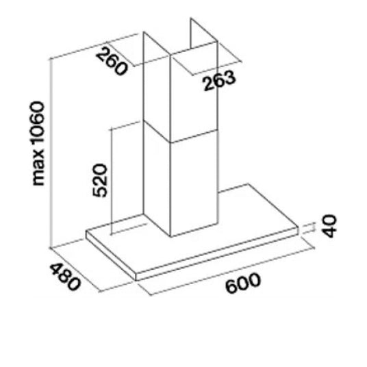Technische Maßzeichnung der Falmec Lumen 60 cm Wandhaube mit 600 mm Breite, 480 mm Tiefe und maximal 1060 mm Höhe