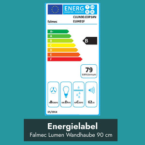 Energielabel der Falmec Lumen Wandhaube 90 cm mit Energieeffizienzklasse B, 79 kWh Jahresverbrauch und 62 dB Geräuschpegel.