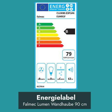 Energielabel der Falmec Lumen Wandhaube 90 cm mit Energieeffizienzklasse B, 79 kWh Jahresverbrauch und 62 dB Geräuschpegel.