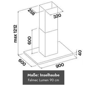 Maßzeichnung der Falmec Lumen Inselhaube 90 cm mit Abmessungen 900 × 600 mm und höhenverstellbarem Deckenkamin.