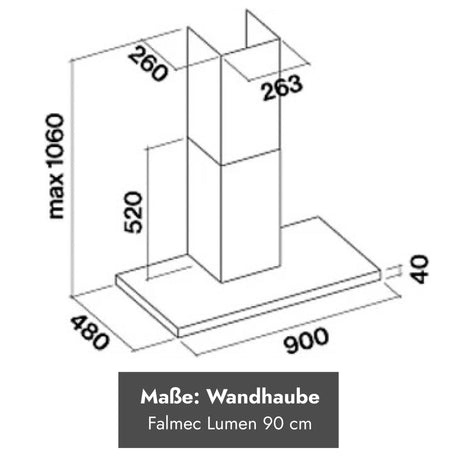 Alt-Text:
Maßzeichnung der Falmec Lumen Wandhaube 90 cm mit Abmessungen 900 × 480 mm und höhenverstellbarem Kamin.