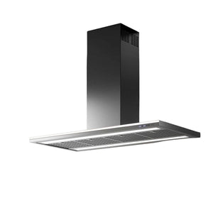 Falmec Lumen Wandhaube aus Edelstahl mit schwarzem Kamin, schlankem Haubenkörper und integrierter Beleuchtung