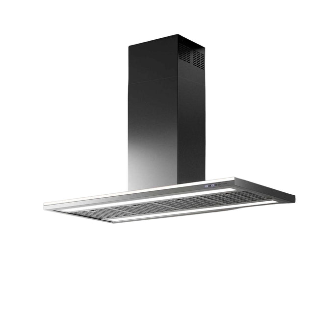 Falmec Lumen Wandhaube aus Edelstahl mit schwarzem Kamin, schlankem Haubenkörper und integrierter Beleuchtung
