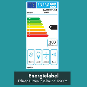 Energielabel der Falmec Lumen Inselhaube 120 cm mit Energieeffizienzklasse C, 103 kWh Jahresverbrauch und 62 dB Geräuschpegel.