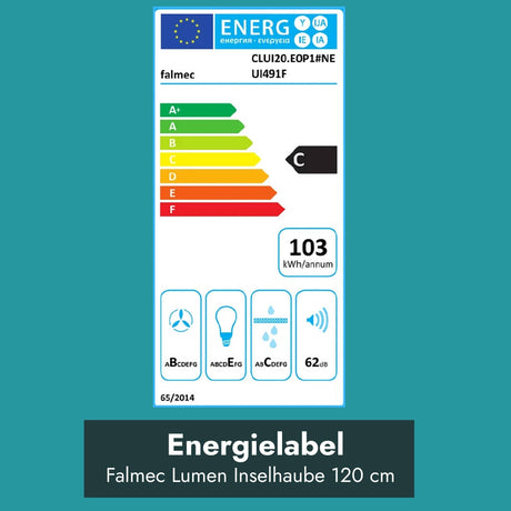 Energielabel der Falmec Lumen Inselhaube 120 cm mit Energieeffizienzklasse C, 103 kWh Jahresverbrauch und 62 dB Geräuschpegel.