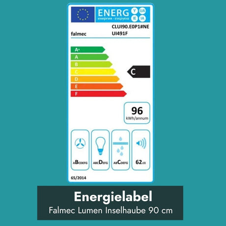 Energielabel der Falmec Lumen Inselhaube 90 cm mit Energieeffizienzklasse C, 96 kWh Jahresverbrauch und 62 dB Geräuschpegel.