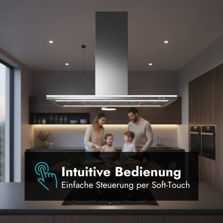 Falmec Lumen Inselhaube in moderner Küche mit Familie und Hinweis auf die intuitive Steuerung per Soft-Touch-Bedienung