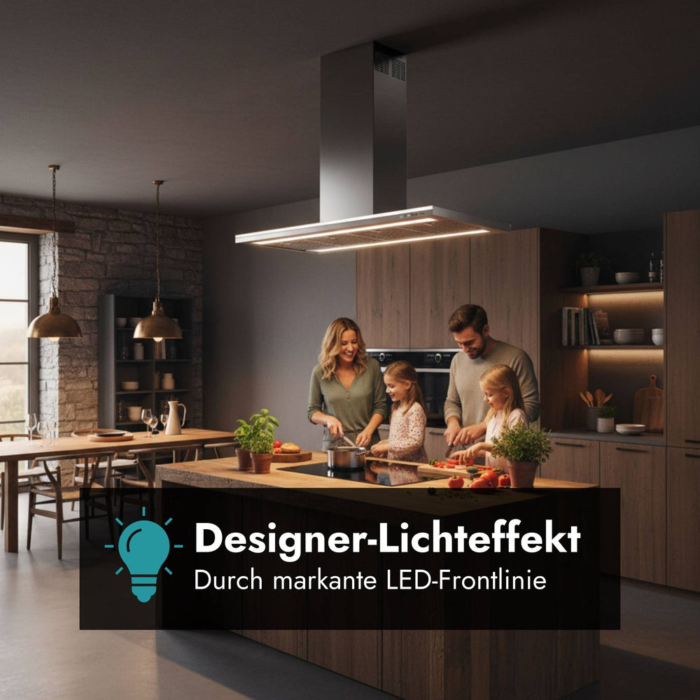Falmec Lumen Inselhaube über einer Kochinsel mit beleuchteter LED-Frontlinie in moderner Küche mit Familie beim Kochen