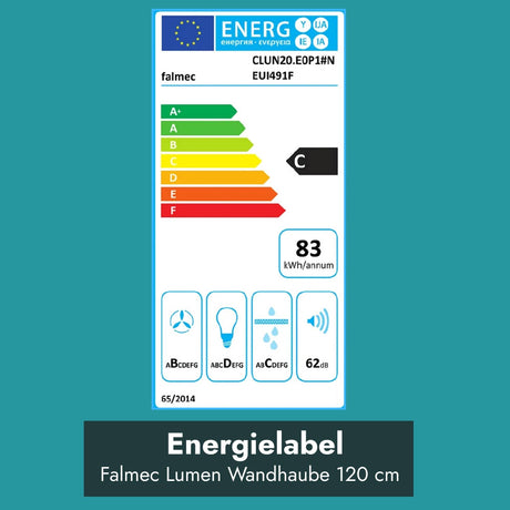 Energielabel der Falmec Lumen Wandhaube 120 cm mit Energieeffizienzklasse C, 83 kWh Jahresverbrauch und 62 dB Geräuschpegel.