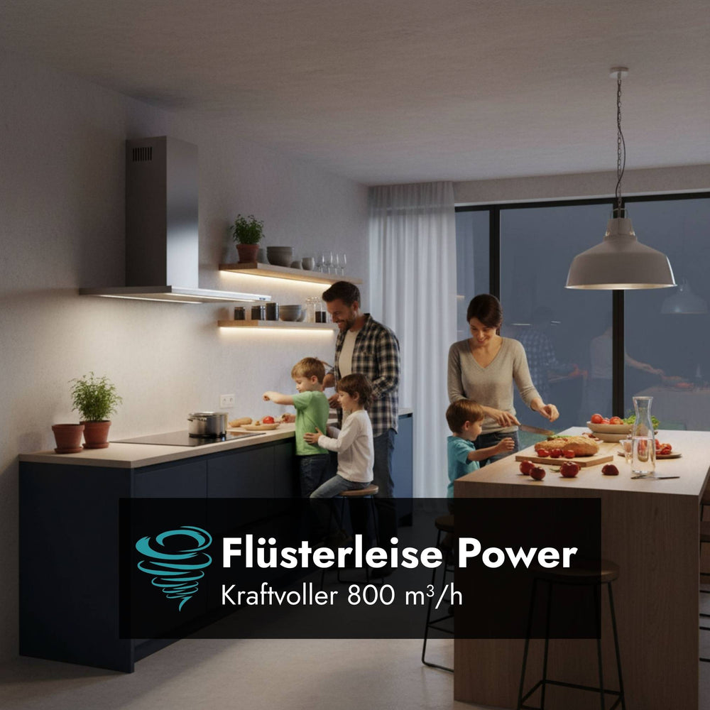Falmec Lumen Wandhaube in moderner Familienküche mit Hinweis auf kraftvolle Absaugleistung von 800 m³/h