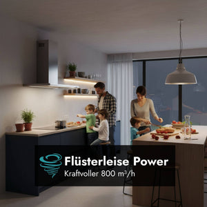 Falmec Lumen Wandhaube in moderner Familienküche mit Hinweis auf kraftvolle Absaugleistung von 800 m³/h