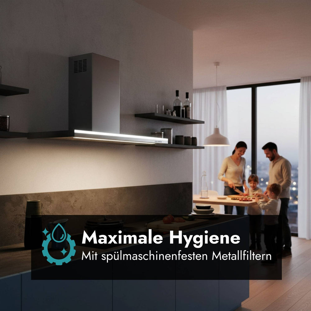 Falmec Lumen Wandhaube in moderner Küche mit Hinweis auf spülmaschinenfeste Metallfilter für eine einfache und hygienische Reinigung