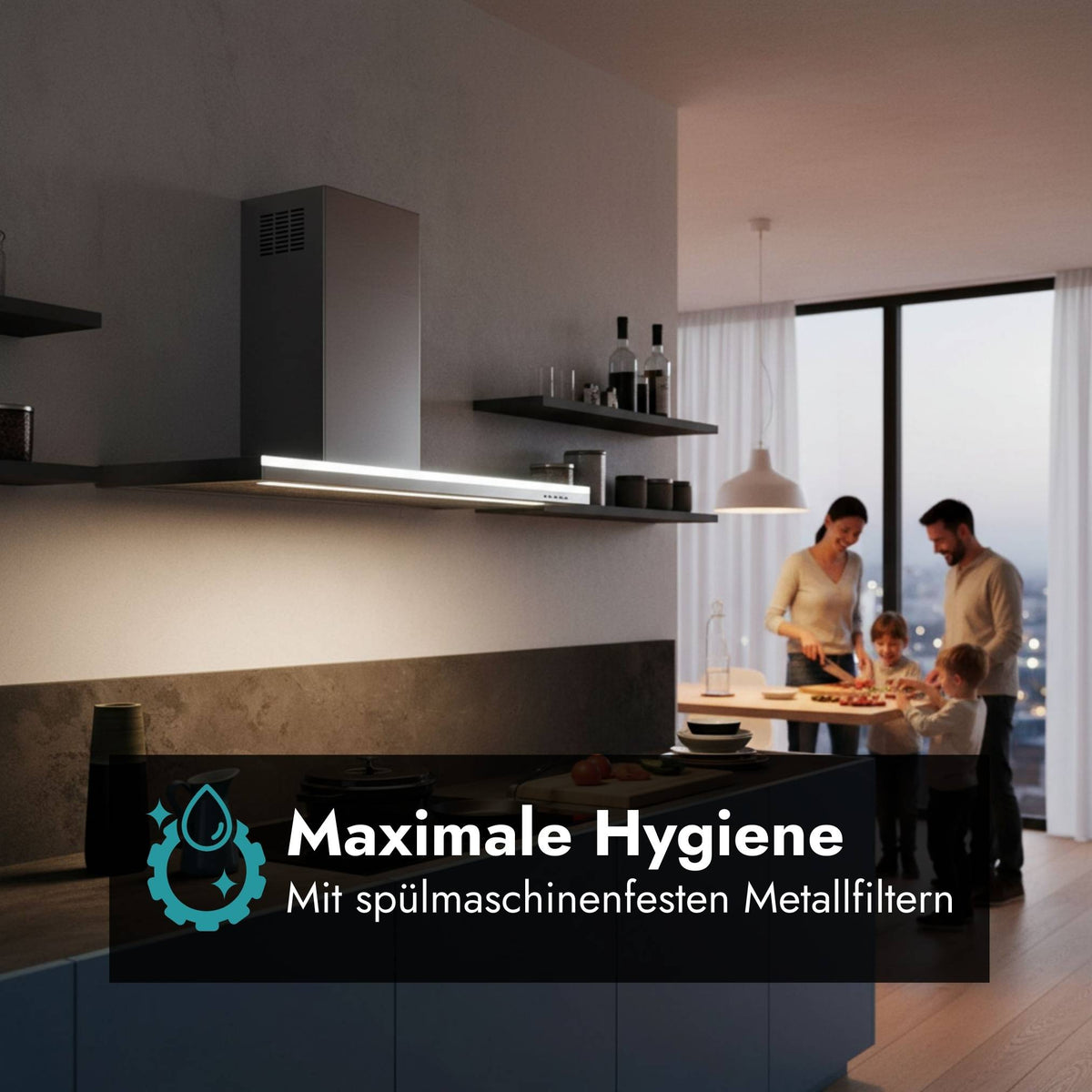Falmec Lumen Wandhaube in moderner Küche mit Hinweis auf spülmaschinenfeste Metallfilter für eine einfache und hygienische Reinigung