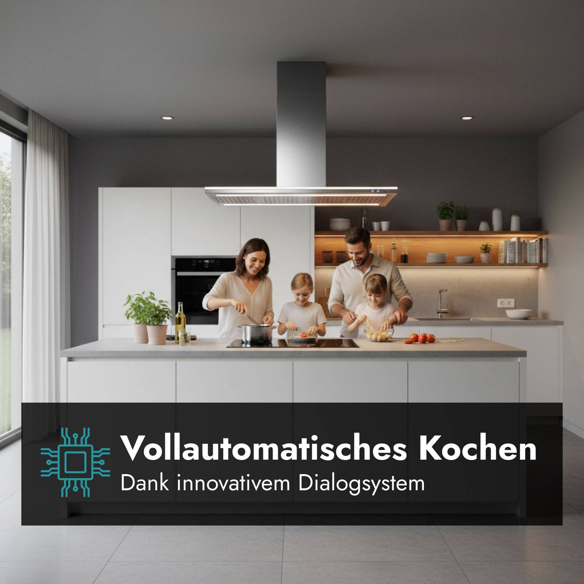 Falmec Lumen Inselhaube über einer Kochinsel mit Familie beim Kochen und Hinweis auf das innovative Dialogsystem zur automatischen Steuerung