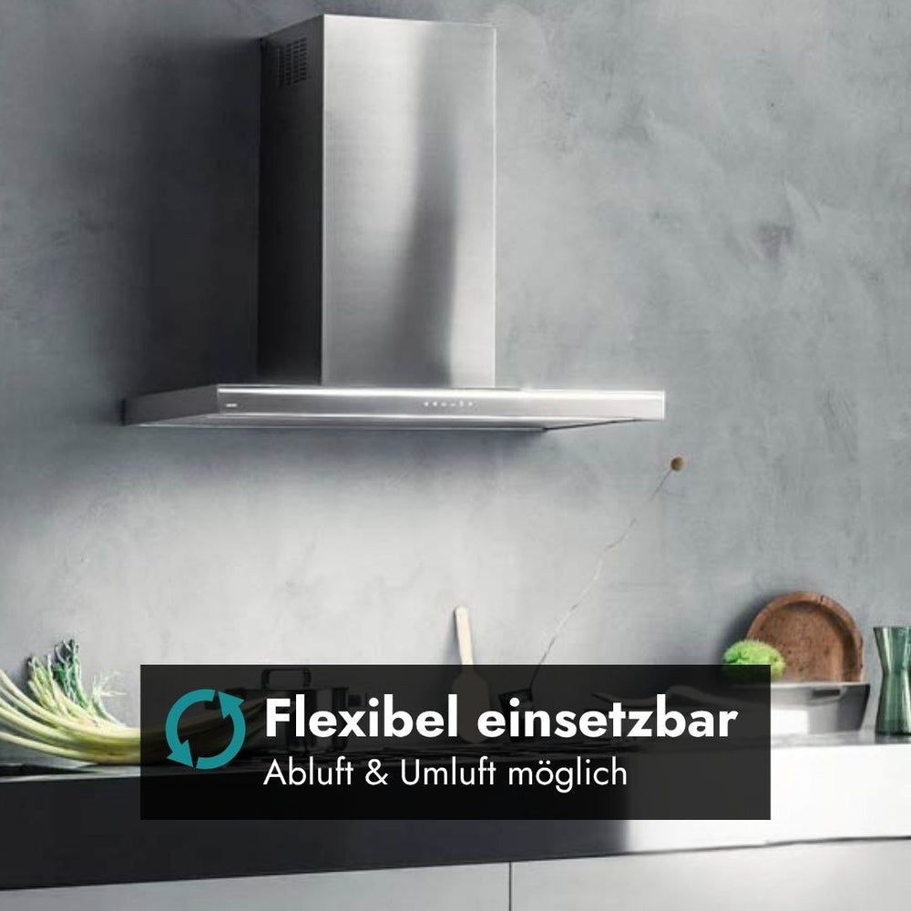 Falmec Lumina NRS Wandhaube in Edelstahl mit Hinweis auf flexiblen Betrieb als Abluft- oder Umlufthaube.