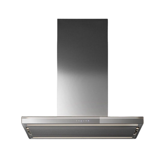 Falmec Lumina NRS Dunstabzugshaube aus Edelstahl mit Glasblende und NRS-Geräuschreduzierung, erhältlich als Wand- und Inselhaube.