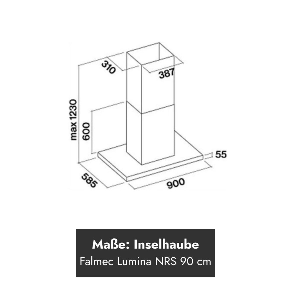 Technische Maßzeichnung der Falmec Lumina NRS Inselhaube 90 cm mit Angaben zu Breite, Tiefe, Höhe und Kaminmaßen.
