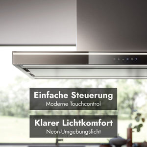 Falmec Lumina NRS Dunstabzugshaube mit moderner Touchcontrol-Steuerung und Neon-Umgebungslicht für komfortable Bedienung und klare Kochfeldbeleuchtung.