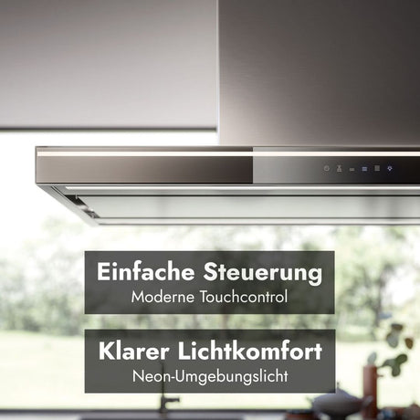 Falmec Lumina NRS Dunstabzugshaube mit moderner Touchcontrol-Steuerung und Neon-Umgebungslicht für komfortable Bedienung und klare Kochfeldbeleuchtung.