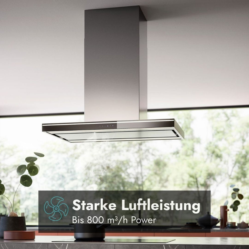 Falmec Lumina NRS Inselhaube aus Edelstahl mit hoher Luftleistung von bis zu 800 m³/h über einer modernen Kücheninsel.